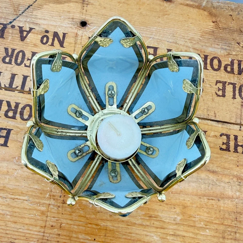 Art Deco Lotus Flower Candle Holder Vintage Floral Tea Light Gold Black